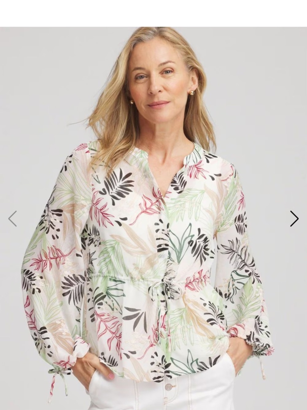 Chico's Cream Blouse with Green, Black & Burgundy Leaf Print